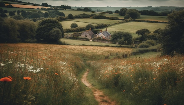 Free Photo tranquil scene of rustic farm at dusk generated by ai