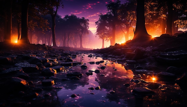 Free Photo tranquil scene sunset over forest mysterious beauty in nature generated by artificial intelligence