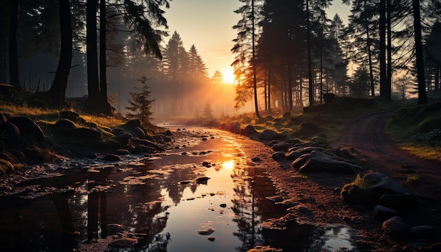 Free photo tranquil scene sunset over forest reflecting in calm water generated by artificial intelligence