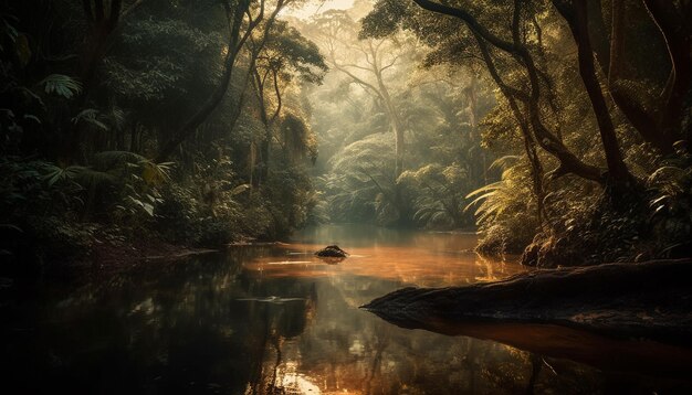 Tranquil scene of a tropical rainforest generated by AI