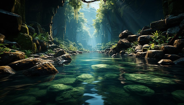 Free photo tranquil scene of a tropical rainforest with flowing water and green foliage generated by artificial intellingence