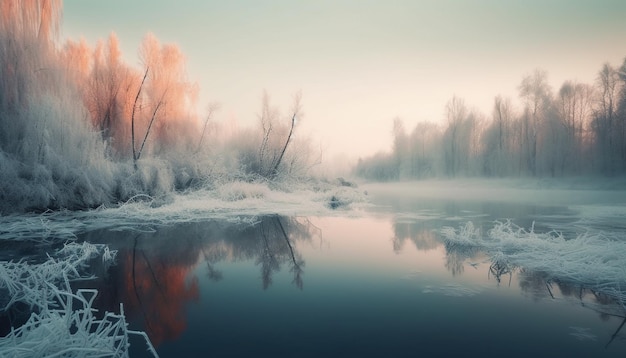 Free photo tranquil scene of winter forest reflects beauty generated by ai