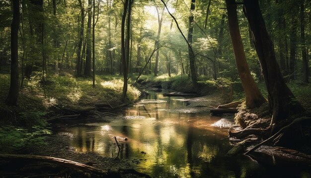 Tranquil scenery of green trees by the flowing water generated by AI