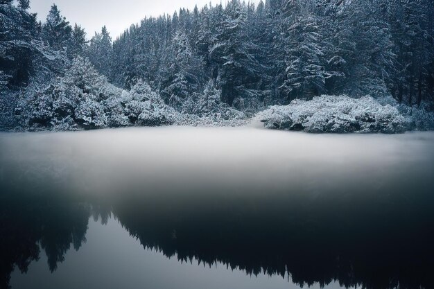 Tranquil scenery with snow castle in clouds mountain creek flows from forest hills into glacial lake