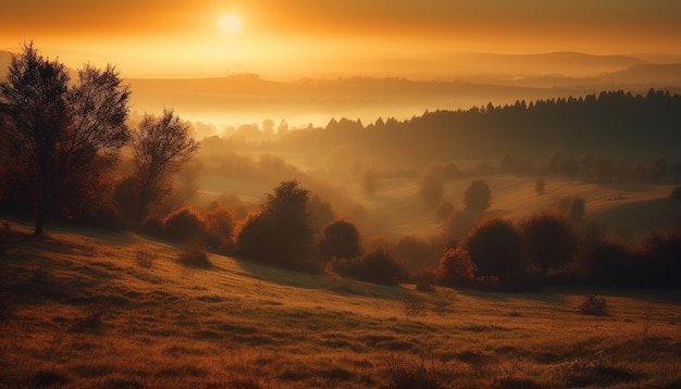 Tranquil sunrise over misty autumn forest landscape generated by AI