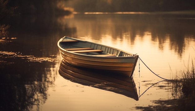 Tranquil sunset on pond rowboat reflects beauty generated by AI