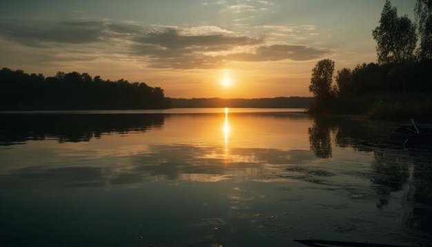 Free photo tranquil sunset reflection on peaceful forest pond generated by ai