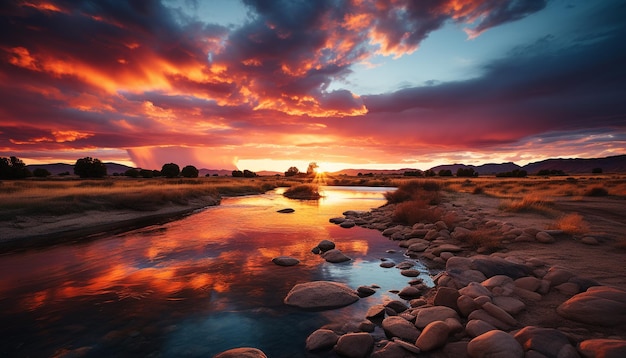 Free photo tranquil sunset over water nature beauty reflects in vibrant sky generated by artificial intelligence