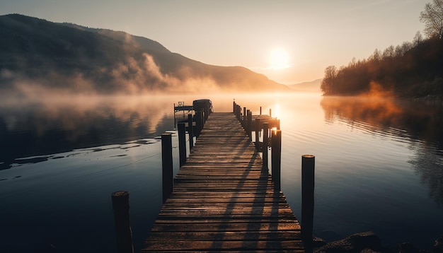 Tranquil tree on jetty at sunrise reflected generated by AI