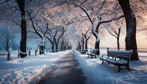 Free photo tranquil winter landscape snow covered tree bench and frosty footpath generated by ai