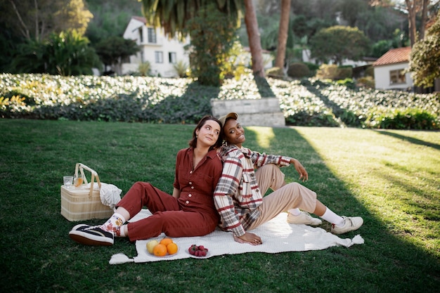 Trans couple being happy and smiling while having a picnic at the park