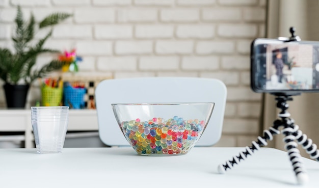 Transparent bowl with hydrogel balls