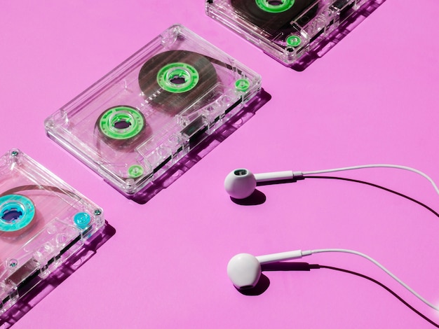 Free photo transparent cassette tapes arrangement with bright colors