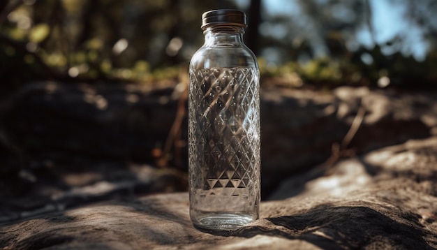 Free photo transparent plastic water bottle reflects organic forest adventure generated by ai