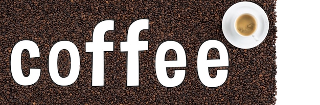 Free photo transparent word coffee on a background of coffee beans mockup for advertising