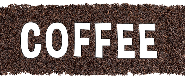 Free photo transparent word coffee on a background of coffee beans mockup for advertising