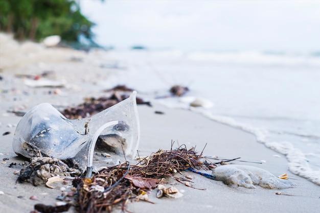 Free photo trash on sand beach showing environmental pollution problem