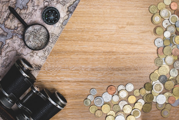 Free Photo travel background with objects and coins