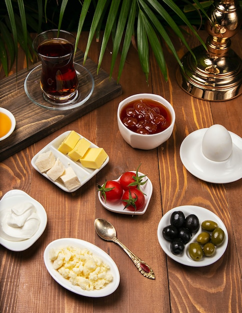 Travel concept: setup with traditional turkish breakfast 