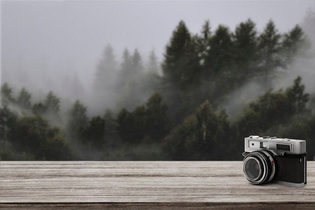 Free Photo travel product backdrop, pine tree and camera