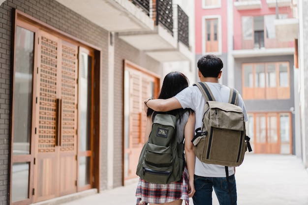 Traveler Asian backpacker couple feeling happy traveling in Beijing, China