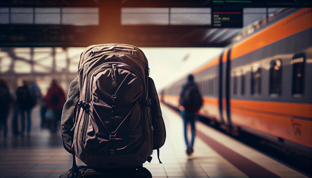 Travelers waiting at modern subway station platform generative AI