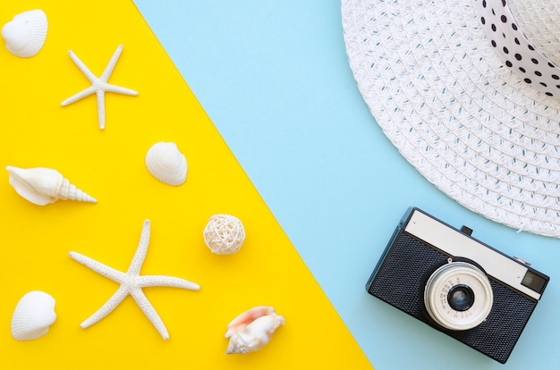 Free photo traveling tools beside starfish and shellfish