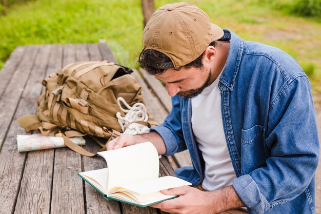 Traveller reading book