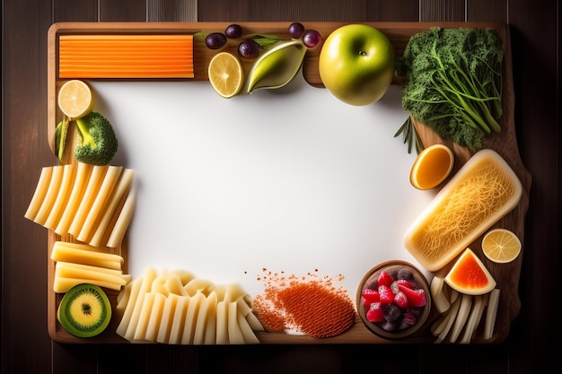 A tray of food with a white board that says'food'on it