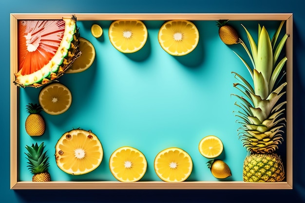 Free photo a tray of fruit and a pineapple on a blue background