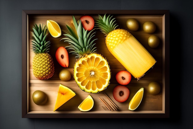 A tray of fruit with pineapples and kiwis on it