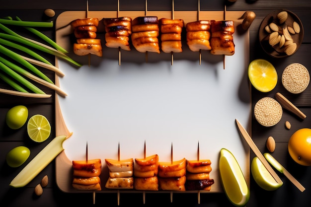 A tray of grilled chicken skewers with a green apple and a few other fruits on it.