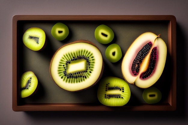 Free photo a tray of kiwi fruit with the word on it