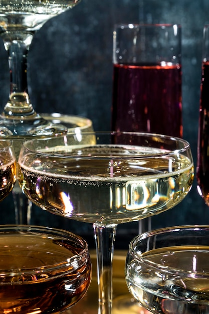 Tray with champagne glasses close-up