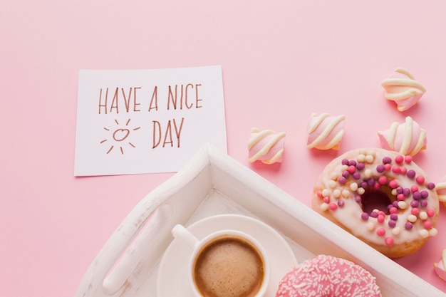 Free photo tray with doughnut for breakfast and coffee