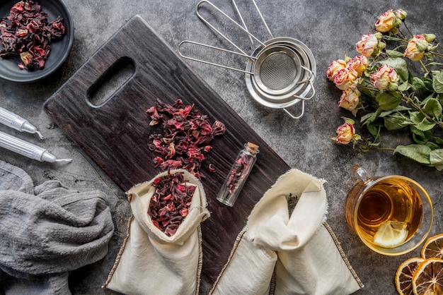 Free photo tray with herb on table