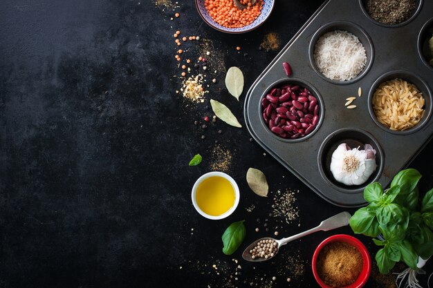 Tray with variety of rice and kidney beans