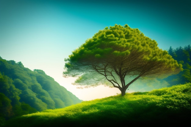 Free photo a tree in a field with a green background and a blue sky.