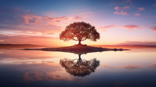 Free photo a tree in the middle of a lake at sunset