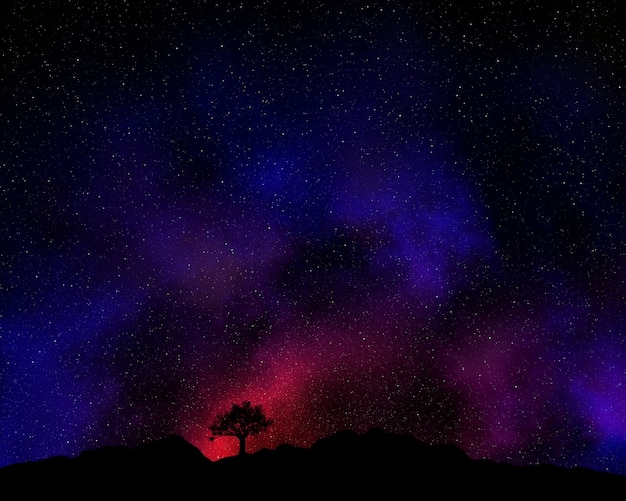 Tree silhouetted against a night sky with nebula