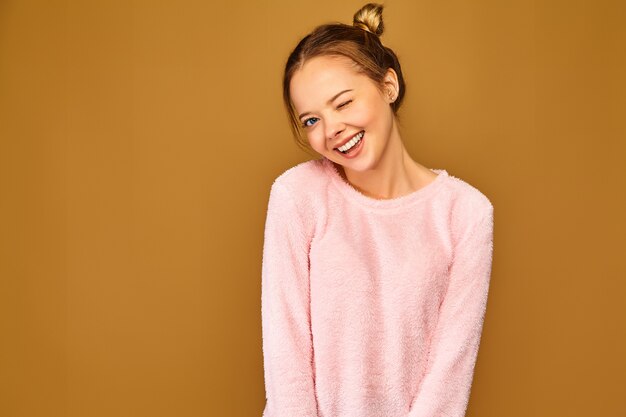 Trendy woman in casual cute pink clothes