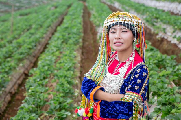 Tribal girls are collecting strawberries 