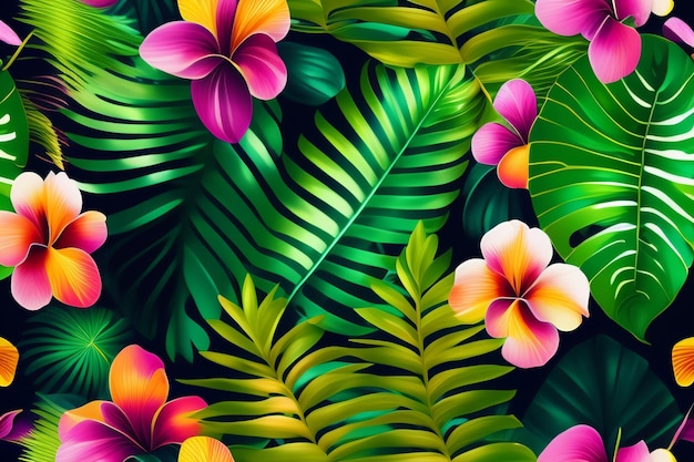 Free photo a tropical background with a tropical leaves and flowers.