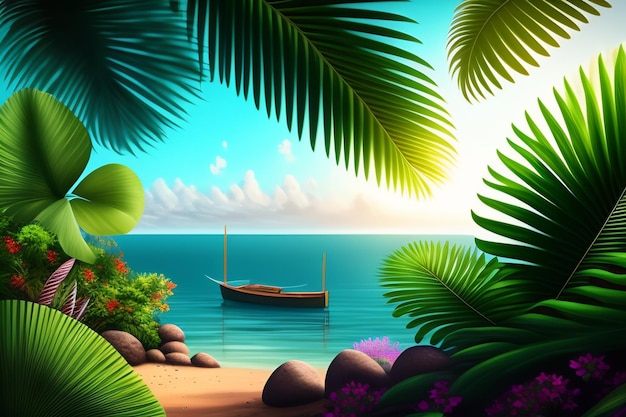 Free photo tropical beach with a boat and palm trees