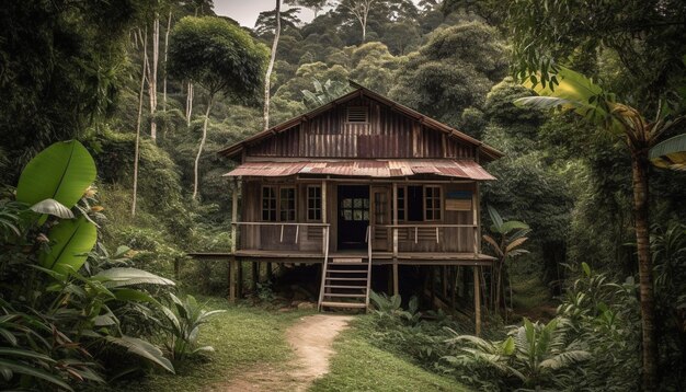 Tropical bungalow nestled in lush rainforest landscape generated by AI