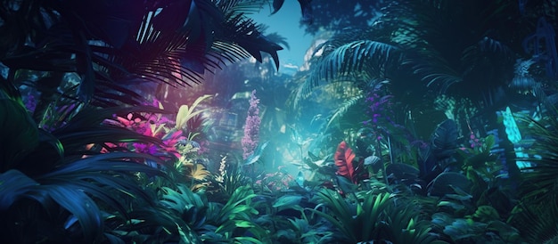 Free photo tropical dark trend jungle in neon illuminated lighting exotic palms and plants in retro style