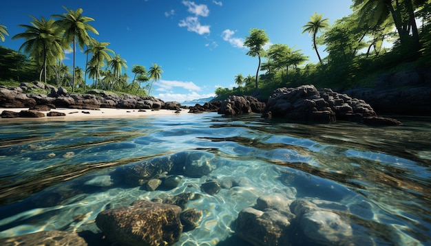 Free photo tropical palm trees sway waves crash on rocky coastline generated by artificial intelligence