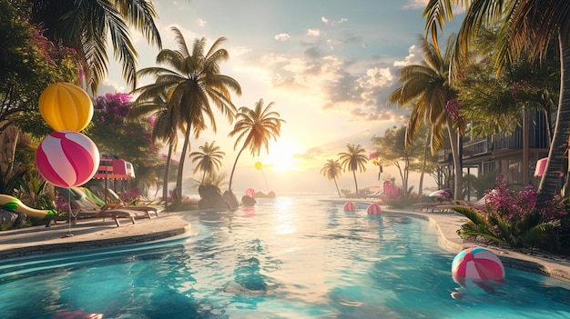 A tropical paradise pool party for kids complete with palm trees tropical drinks and beach ball game