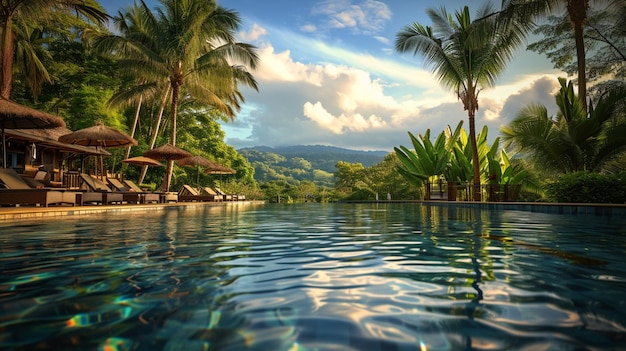 A tropical paradise at a poolside resort