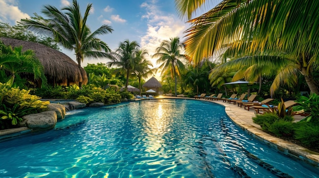 A tropical paradise at a poolside resort